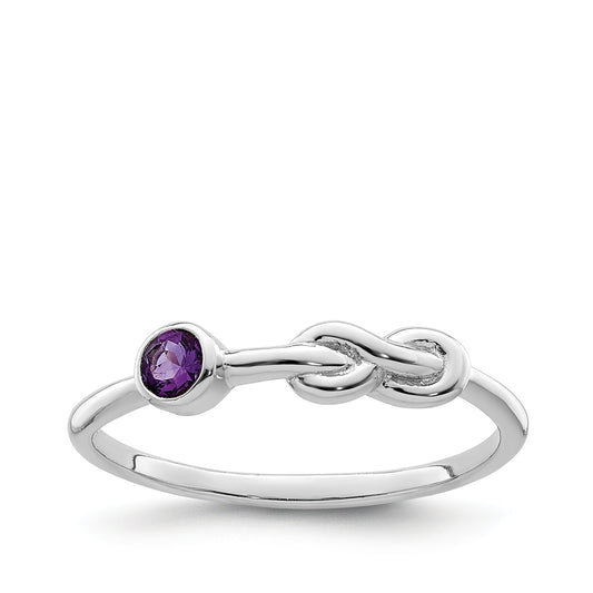 Love Knot Round Amethyst Infinity Ring in Rhodium Plated Sterling Silver