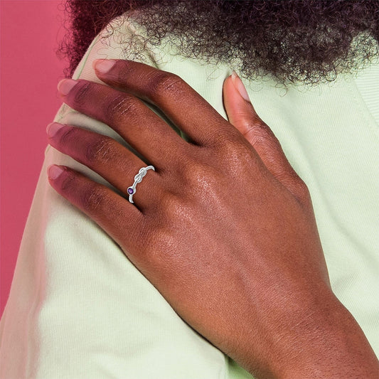 Love Knot Round Amethyst Infinity Ring in Rhodium Plated Sterling Silver full view