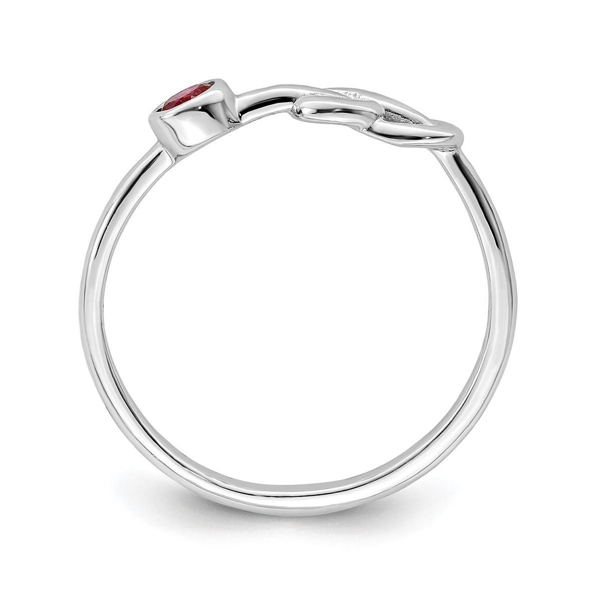 Love Knot Created Round Ruby Infinity Ring in Rhodium Plated Sterling Silver front view