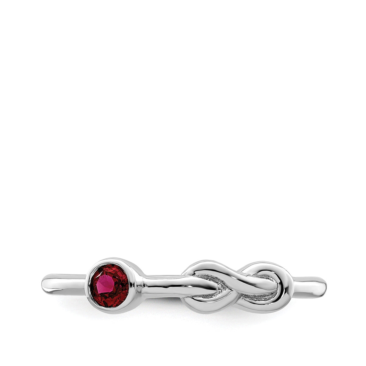 Love Knot Created Round Ruby Infinity Ring in Rhodium Plated Sterling Silver close-up detail