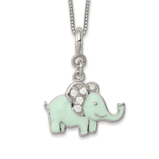 Children's CZ & Green Enamel Elephant Charm in Sterling Silver