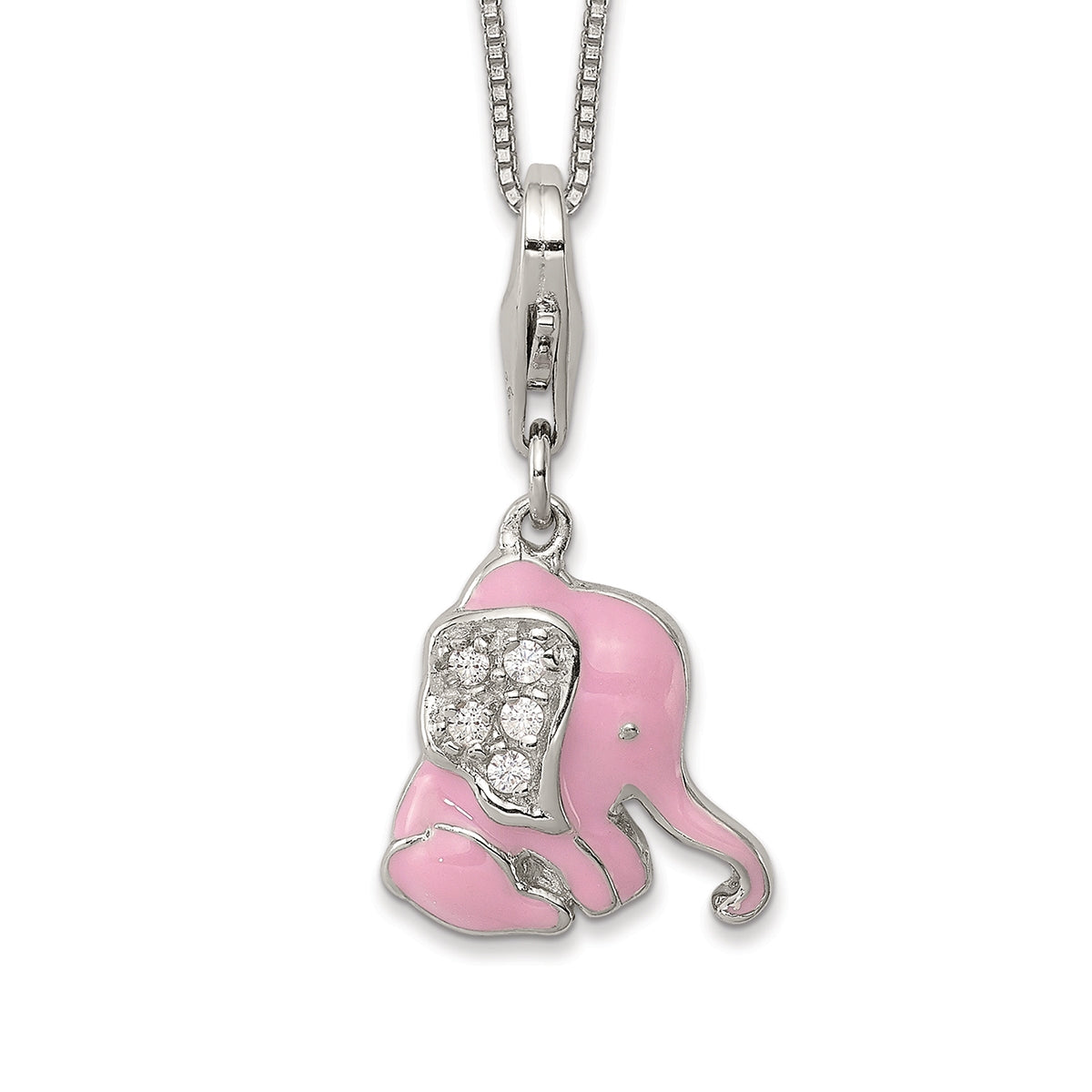 Children's CZ & Pink Enamel Elephant Charm in Sterling Silver