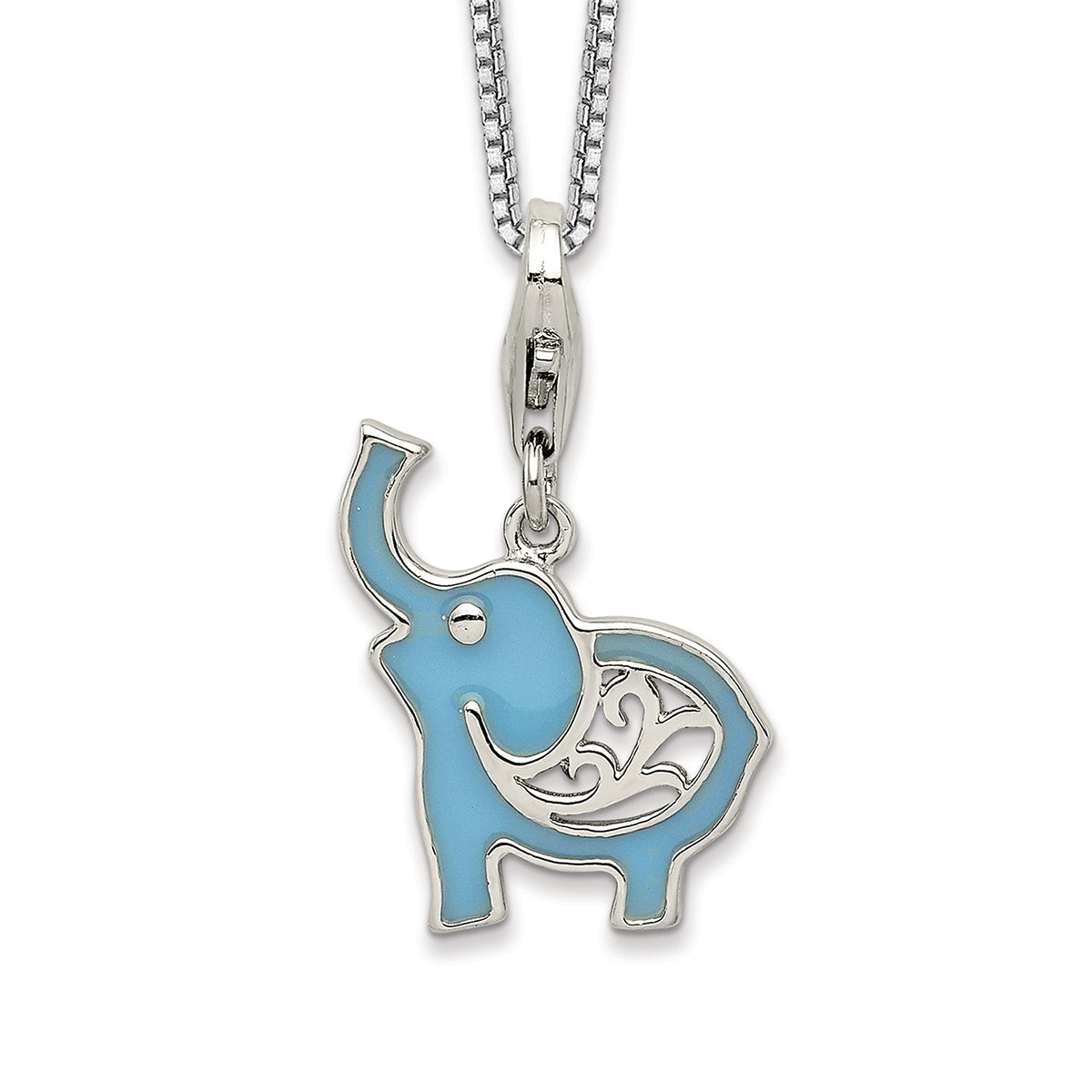 Children's Blue Enamel Elephant Charm in Rhodium Plated Sterling Silver
