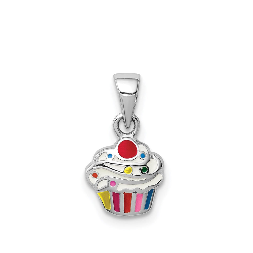 Children's Enamel Cupcake Pendant in Rhodium Plated Sterling Silver