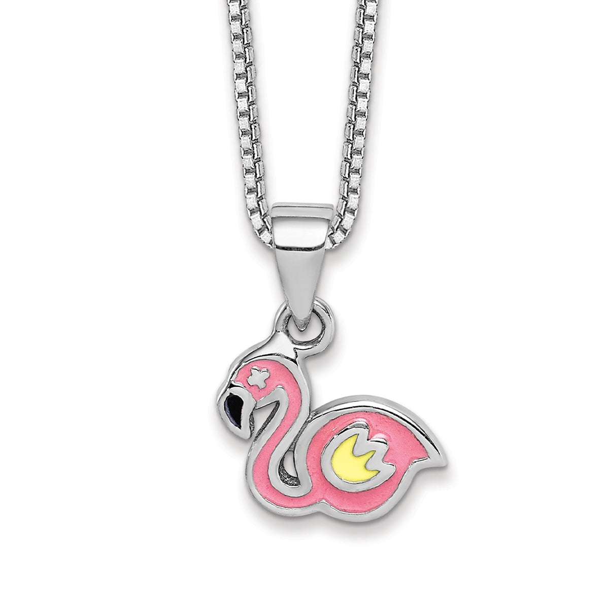 Children's Enamel Flamingo Pendant in Rhodium Plated Sterling Silver