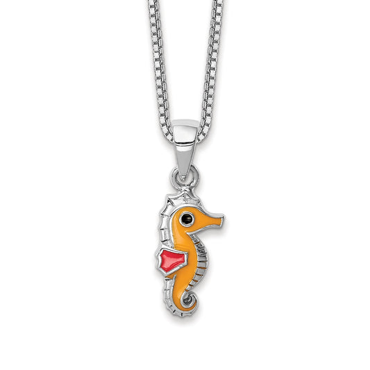 Children's Yellow & Red Enamel Seahorse Pendant in Rhodium Plated Sterling Silver