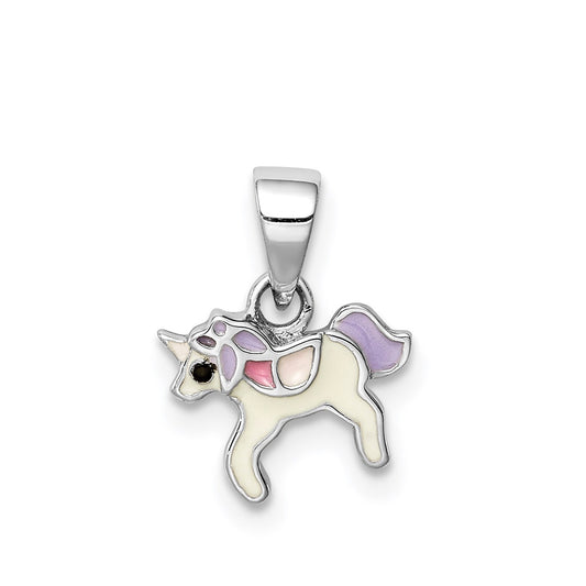 Children's Enamel Unicorn Pendant in Rhodium Plated Sterling Silver