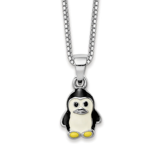 Children's Enamel Penguin Pendant in Rhodium Plated Sterling Silver