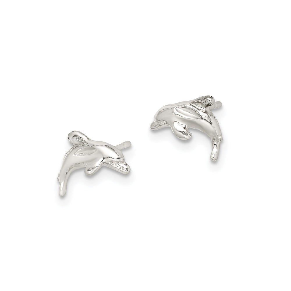 Children's Dolphin Stud Earrings in Sterling Silver front view