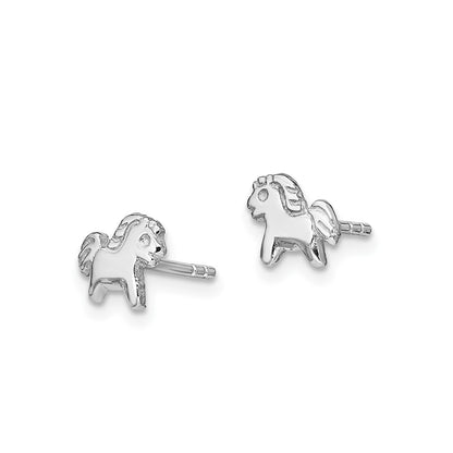 Children's Polished Pony Earrings in Rhodium Plated Sterling Silver front view