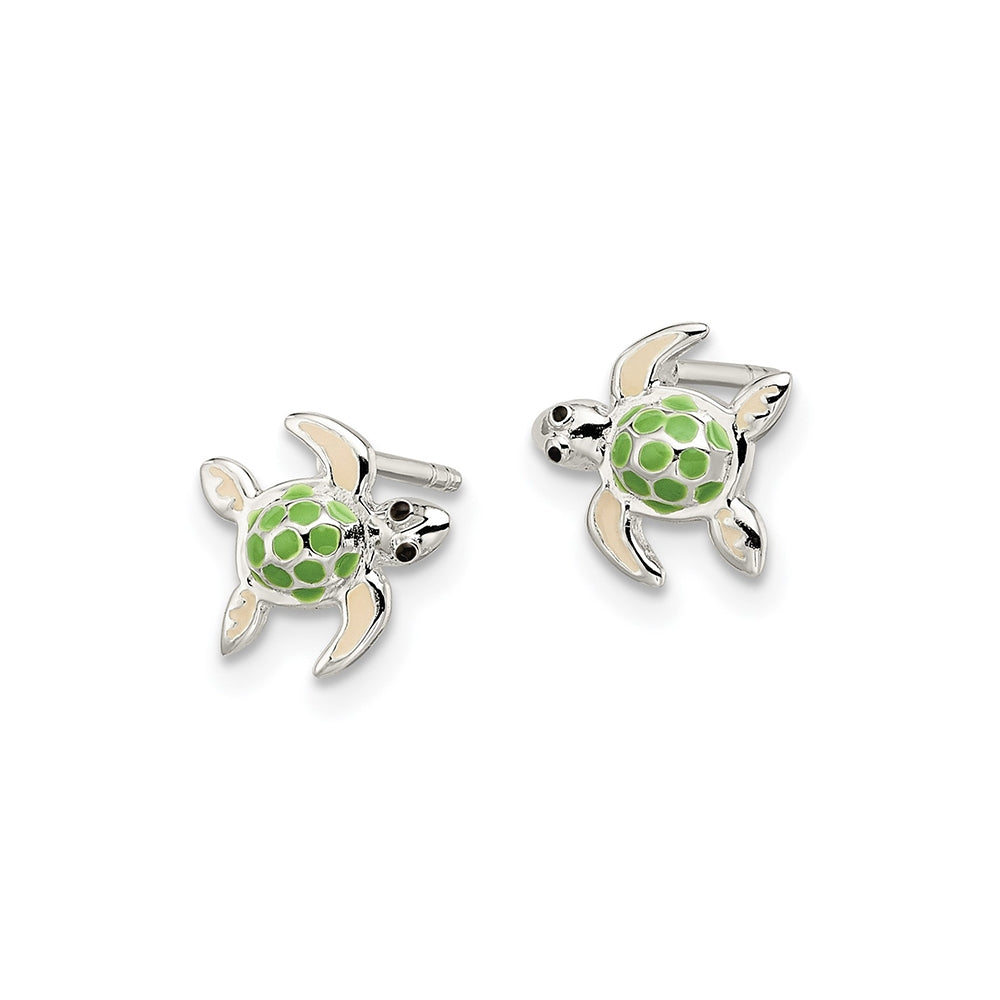 Children's Enamel Sea Turtle Earrings in Sterling Silver front view