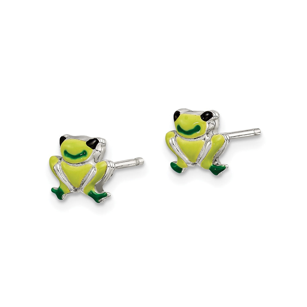 Children's Enamel Frog Earrings in Sterling Silver front view
