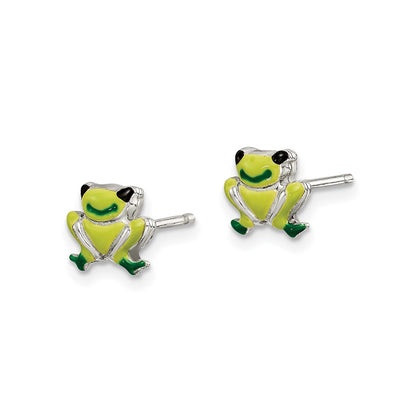 Children's Enamel Frog Earrings in Sterling Silver front view