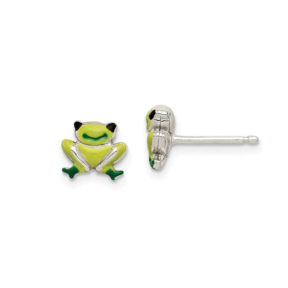 Children's Enamel Frog Earrings in Sterling Silver