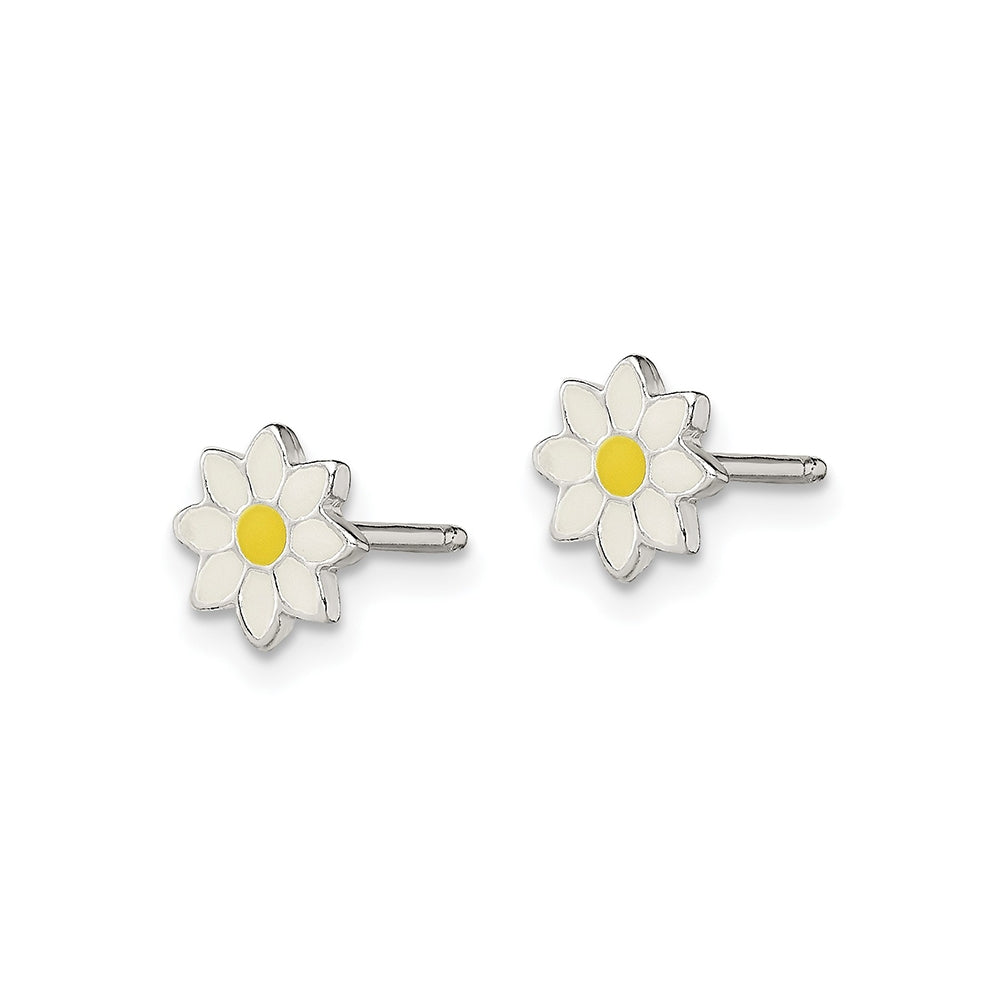 Children's Enamel Daisy Flower Earrings in Sterling Silver front view
