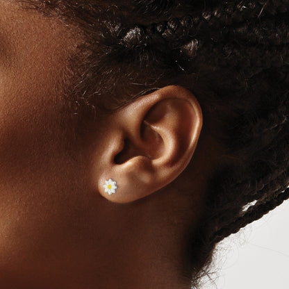 Children's Enamel Daisy Flower Earrings in Sterling Silver close-up detail