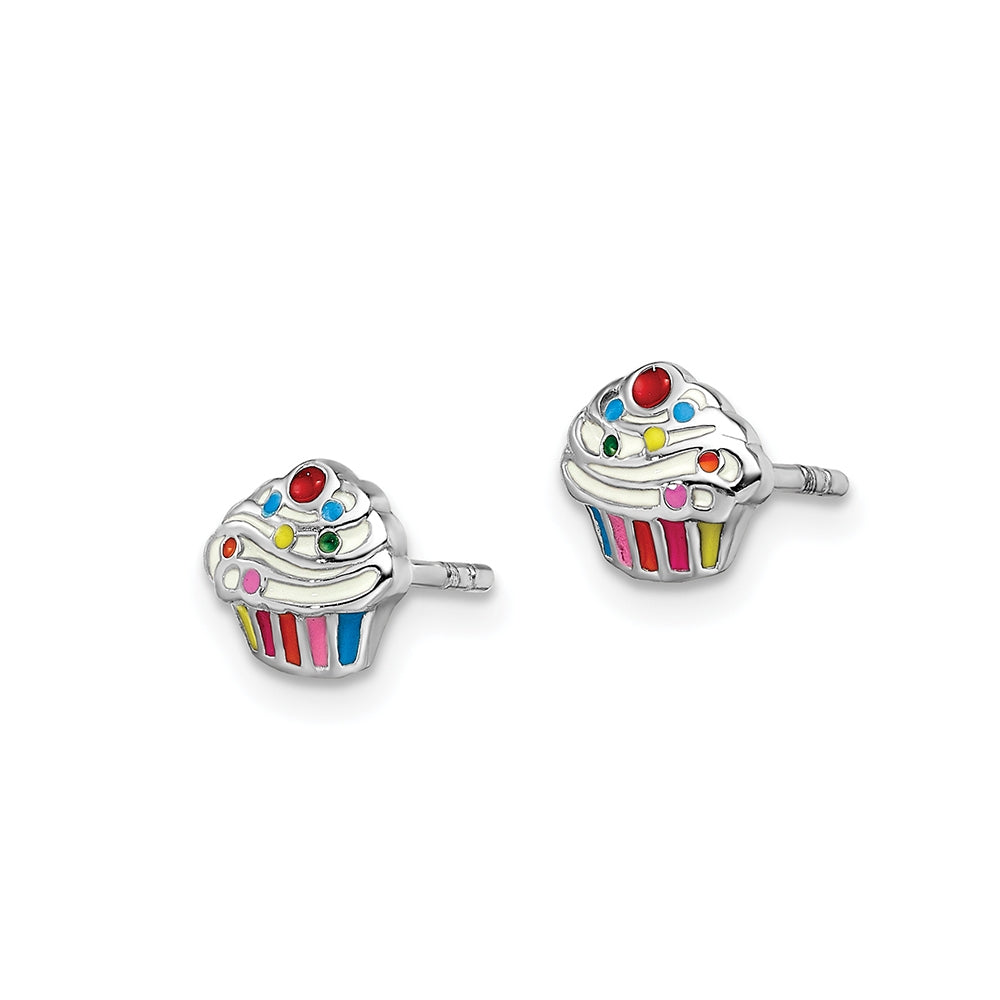 Children's Enamel Cupcake Stud Earrings in Rhodium Plated Sterling Silver front view