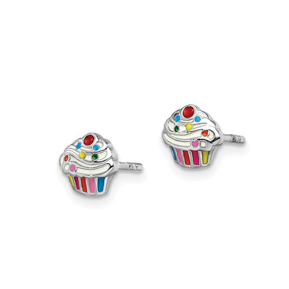Children's Enamel Cupcake Stud Earrings in Rhodium Plated Sterling Silver front view