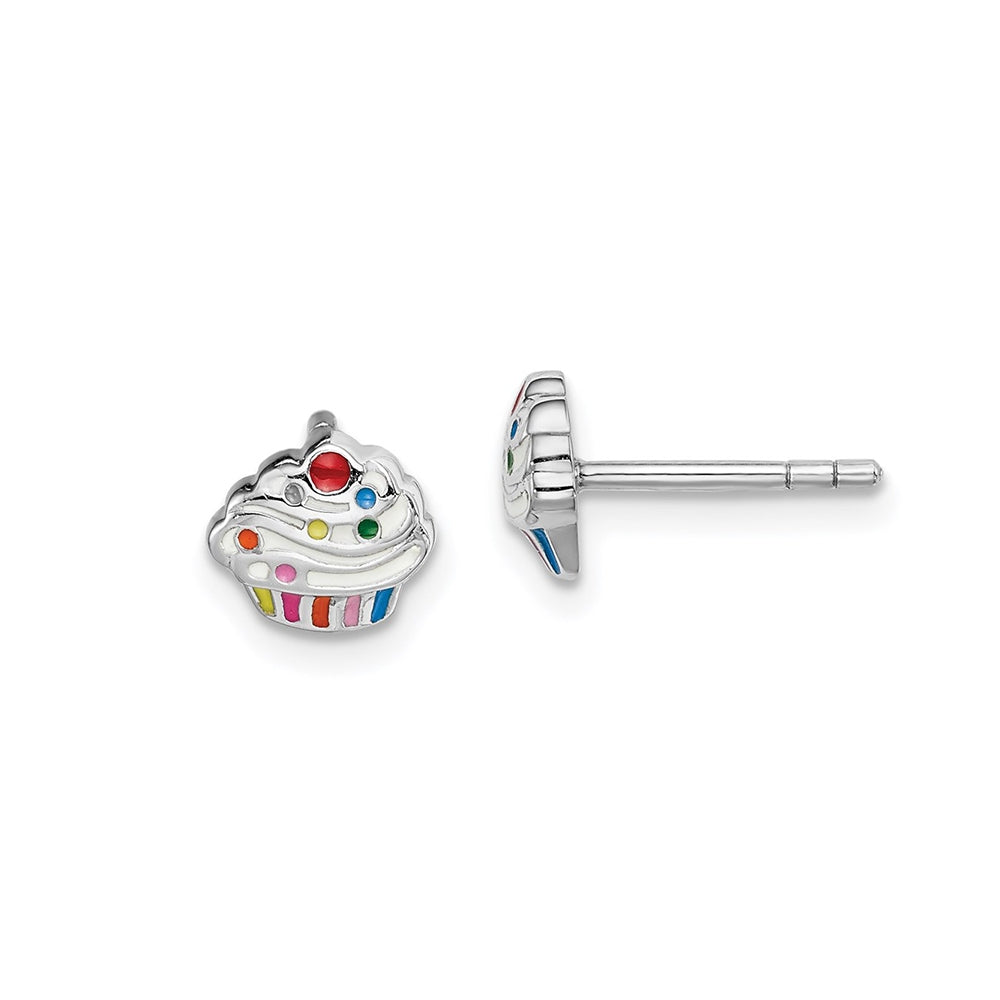 Children's Enamel Cupcake Stud Earrings in Rhodium Plated Sterling Silver