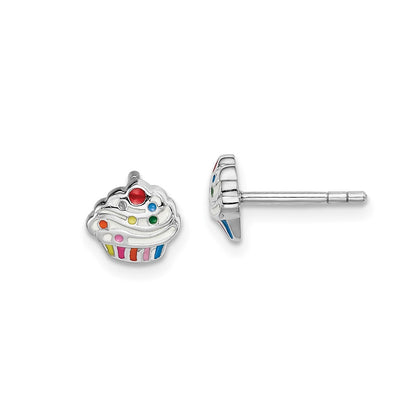 Children's Enamel Cupcake Stud Earrings in Rhodium Plated Sterling Silver