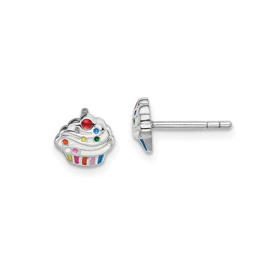 Children's Enamel Cupcake Stud Earrings in Rhodium Plated Sterling Silver