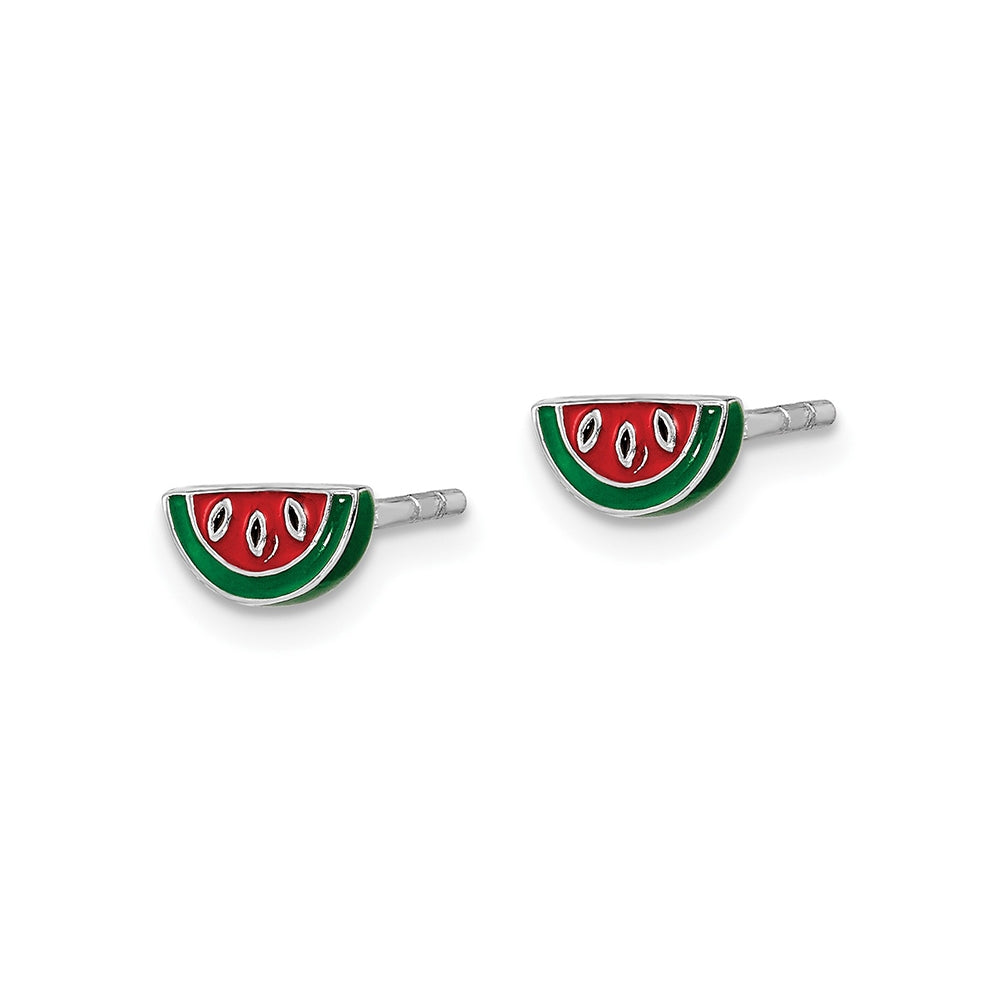 Children's Enamel Watermelon Earrings in Rhodium Plated Sterling Silver front view