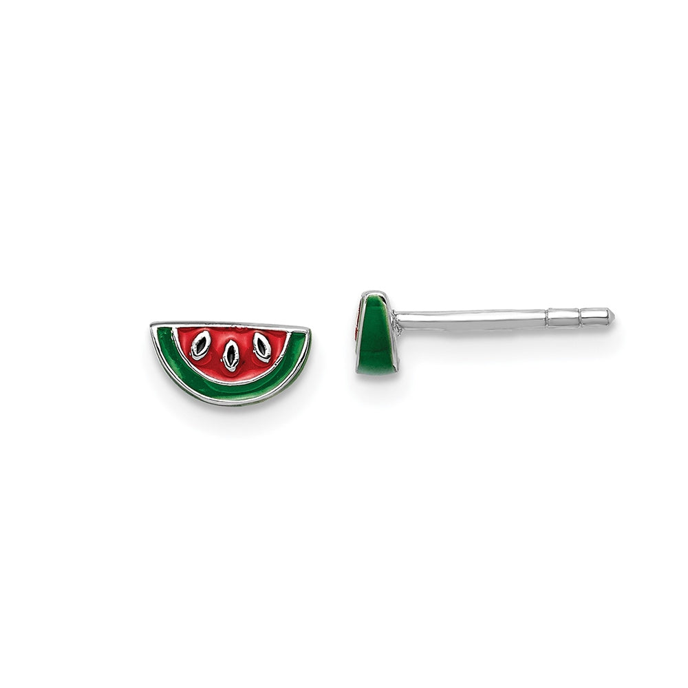 Children's Enamel Watermelon Earrings in Rhodium Plated Sterling Silver