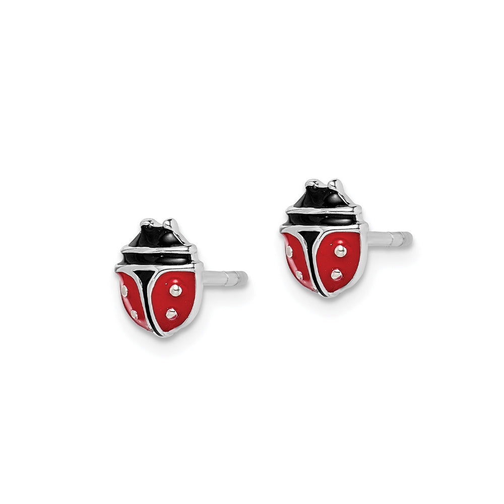 Children's Enamel Ladybug Stud Earrings in Rhodium Plated Sterling Silver front view