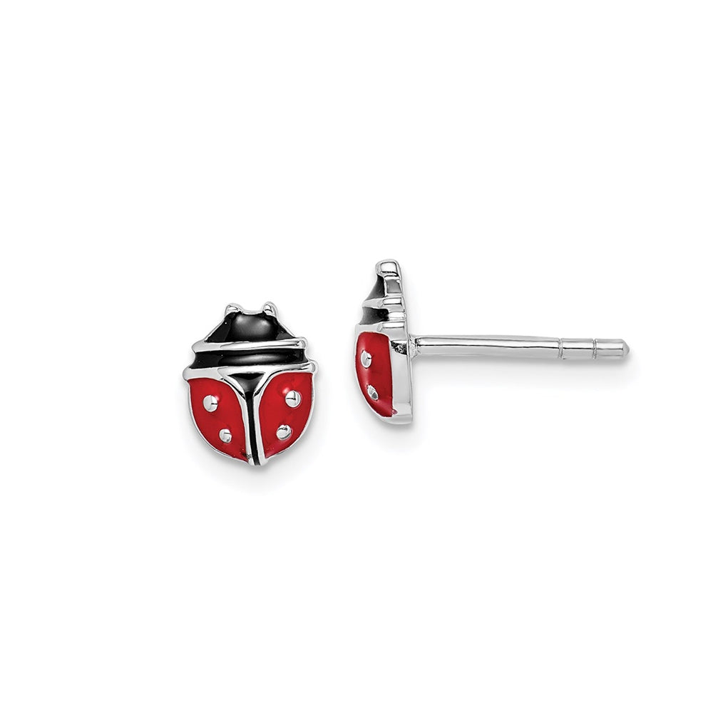 Children's Enamel Ladybug Stud Earrings in Rhodium Plated Sterling Silver