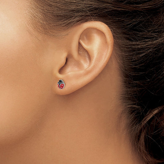 Children's Enamel Ladybug Stud Earrings in Rhodium Plated Sterling Silver close-up detail