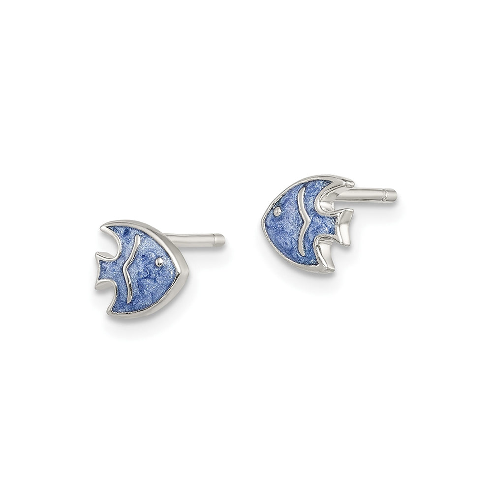 Children's Blue Enamel Fish Earrings in Sterling Silver front view
