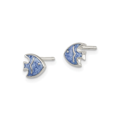 Children's Blue Enamel Fish Earrings in Sterling Silver front view