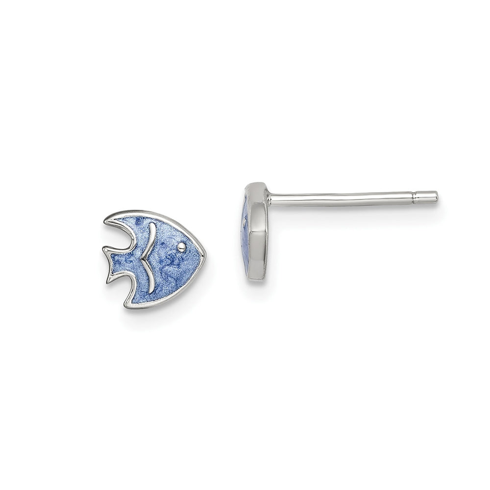 Children's Blue Enamel Fish Earrings in Sterling Silver