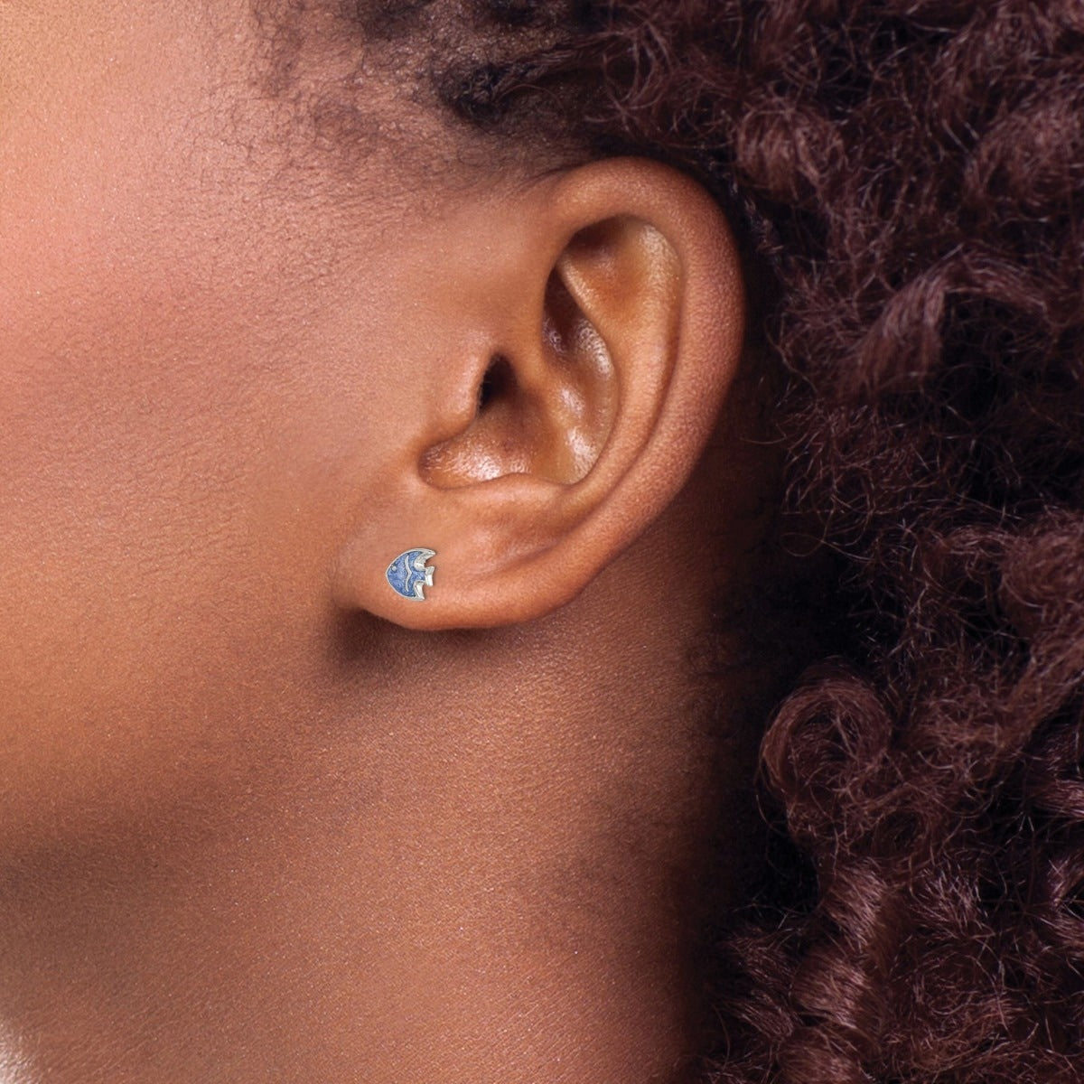 Children's Blue Enamel Fish Earrings in Sterling Silver close-up detail
