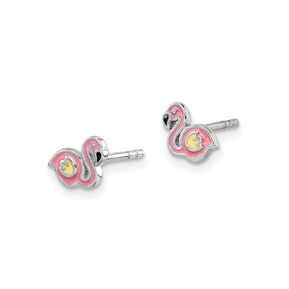 Children's Enamel Flamingo Earrings in Rhodium Plated Sterling Silver front view
