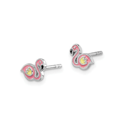 Children's Enamel Flamingo Earrings in Rhodium Plated Sterling Silver front view