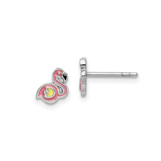 Children's Enamel Flamingo Earrings in Rhodium Plated Sterling Silver