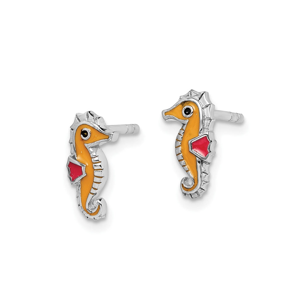Children's Orange & Red Enamel Seahorse Earrings in Rhodium Plated Sterling Silver front view