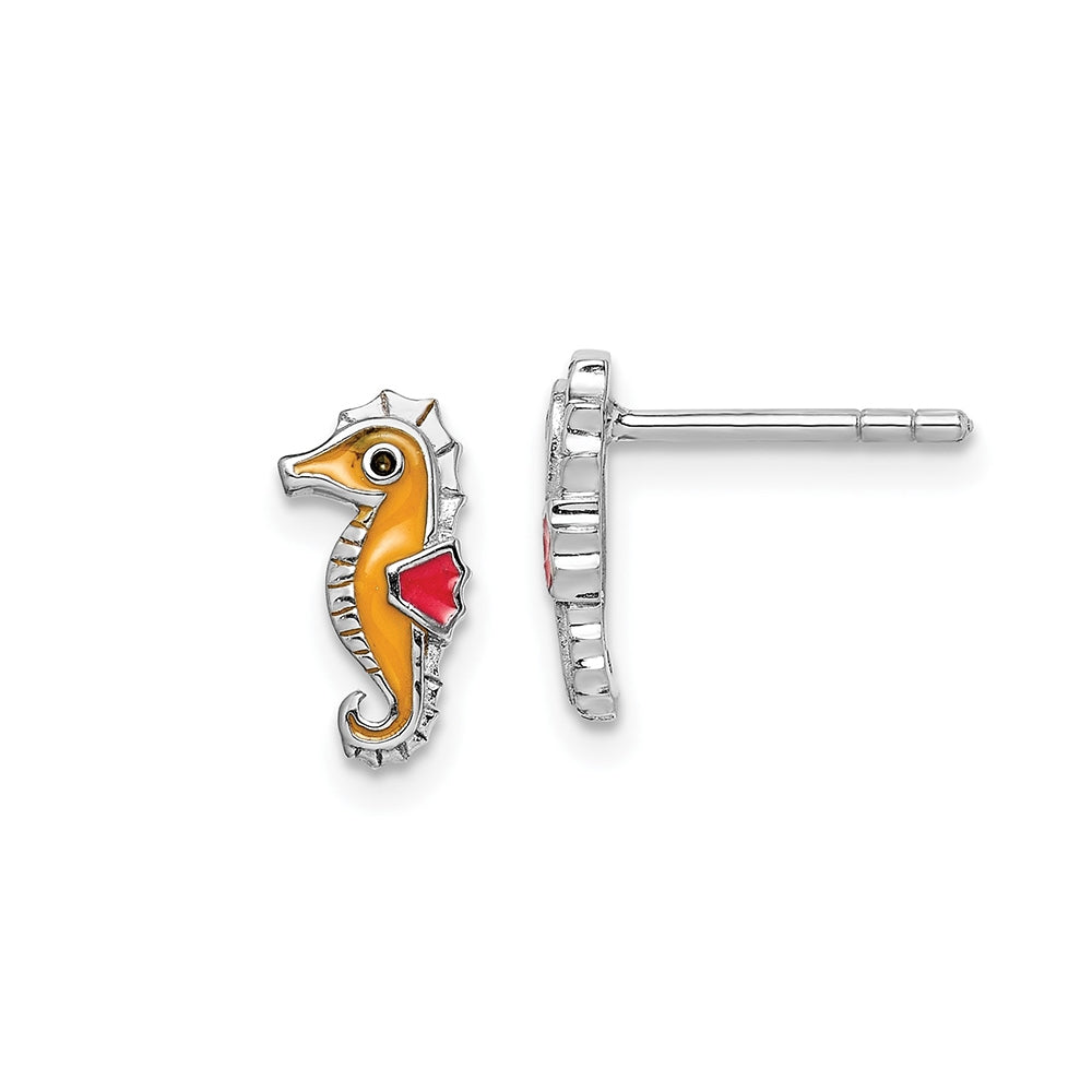 Children's Orange & Red Enamel Seahorse Earrings in Rhodium Plated Sterling Silver