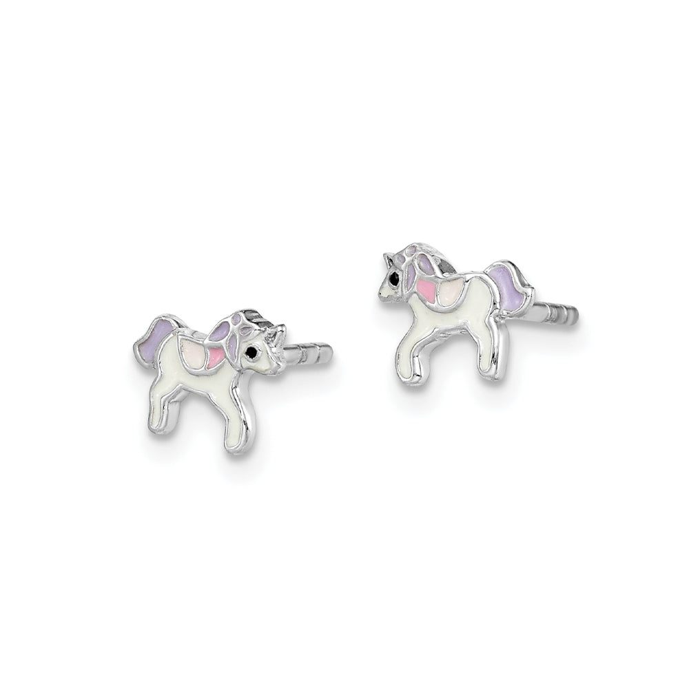 Children's Enamel Unicorn Stud Earrings in Rhodium Plated Sterling Silver front view