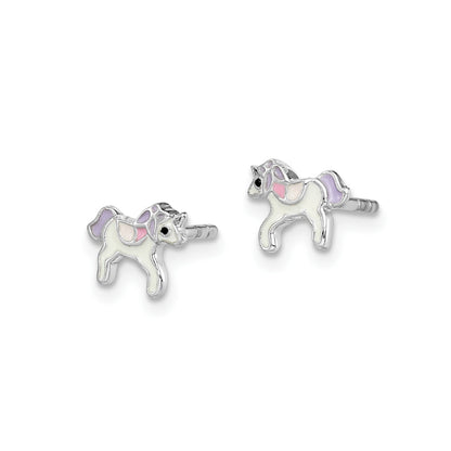 Children's Enamel Unicorn Stud Earrings in Rhodium Plated Sterling Silver front view
