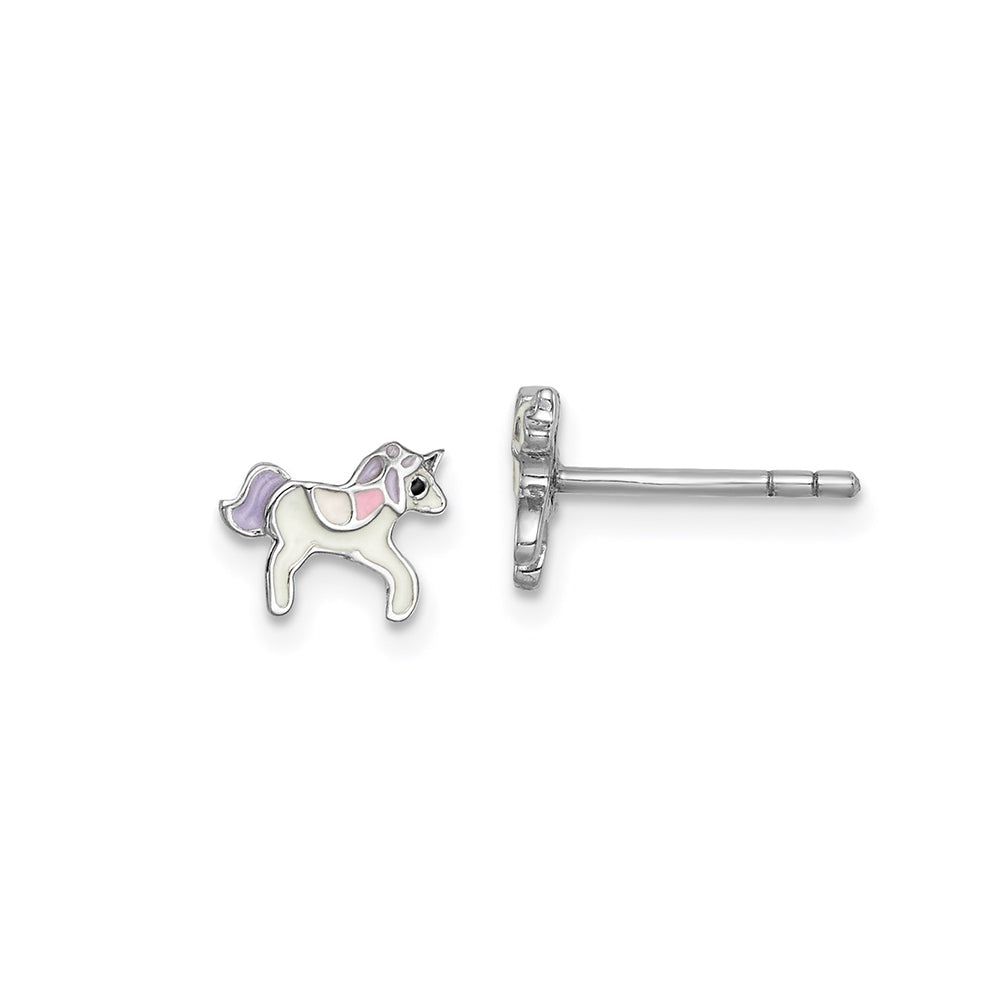 Children's Enamel Unicorn Stud Earrings in Rhodium Plated Sterling Silver