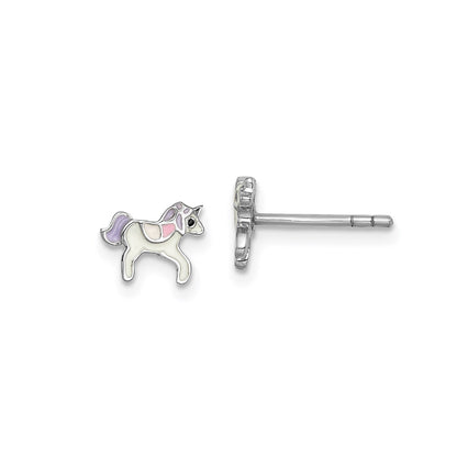 Children's Enamel Unicorn Stud Earrings in Rhodium Plated Sterling Silver