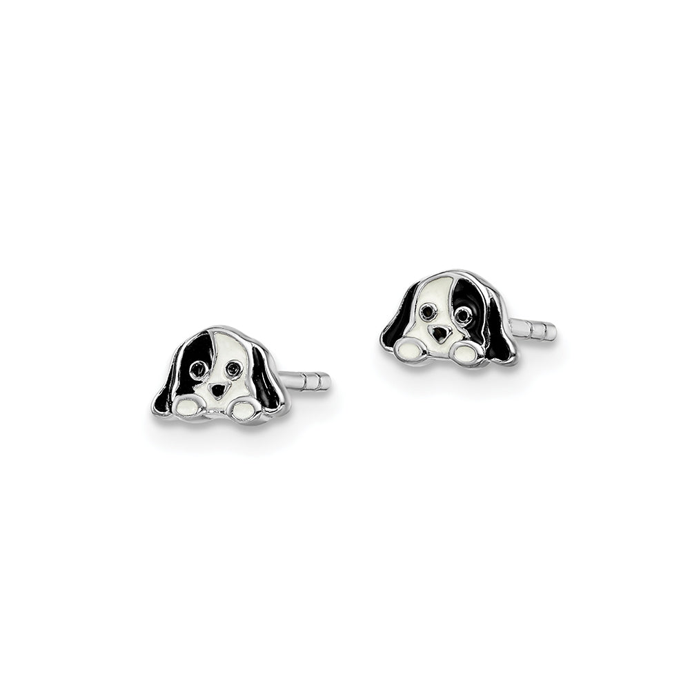 Children's Enamel Puppy Stud Earrings in Rhodium Plated Sterling Silver front view