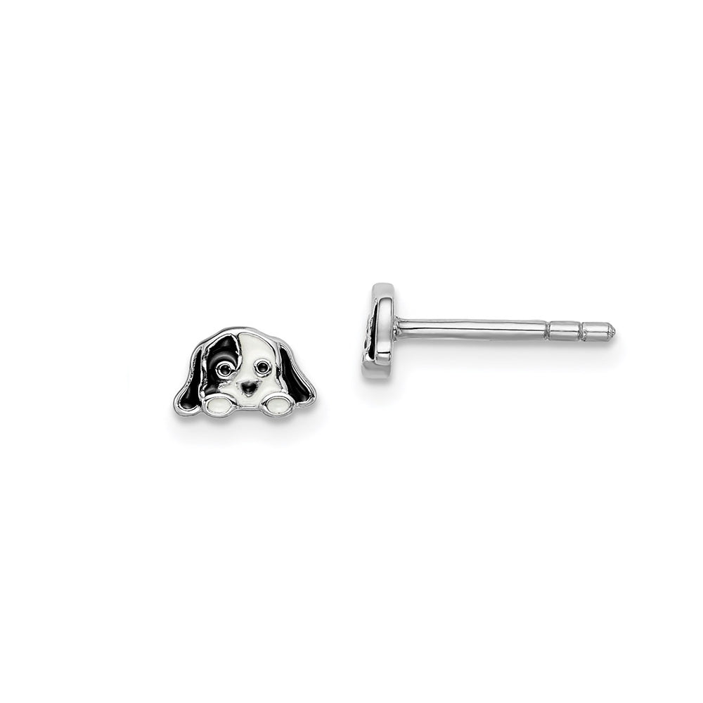 Children's Enamel Puppy Stud Earrings in Rhodium Plated Sterling Silver