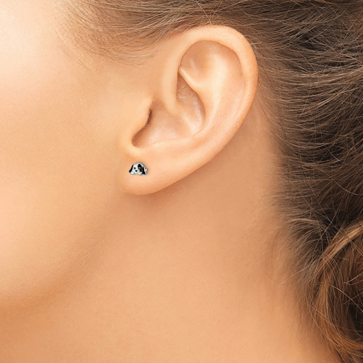 Children's Enamel Puppy Stud Earrings in Rhodium Plated Sterling Silver close-up detail