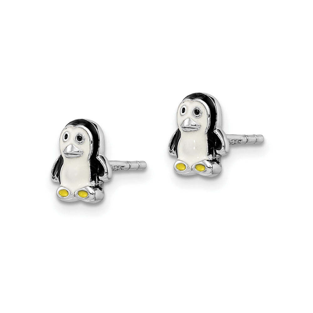 Children's Enamel Penguin Earrings in Rhodium Plated Sterling Silver front view