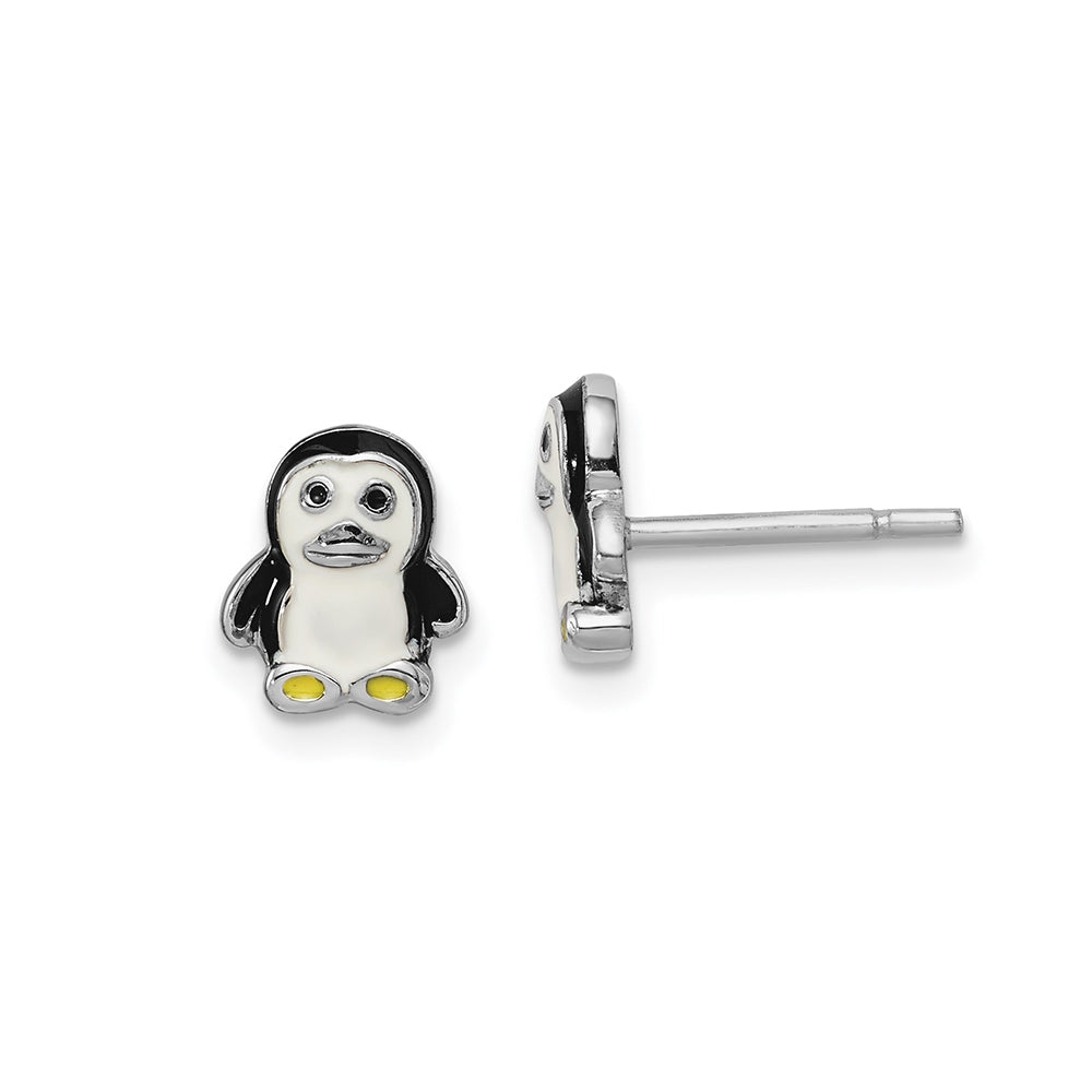 Children's Enamel Penguin Earrings in Rhodium Plated Sterling Silver