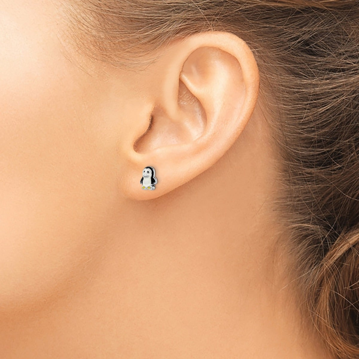 Children's Enamel Penguin Earrings in Rhodium Plated Sterling Silver close-up detail