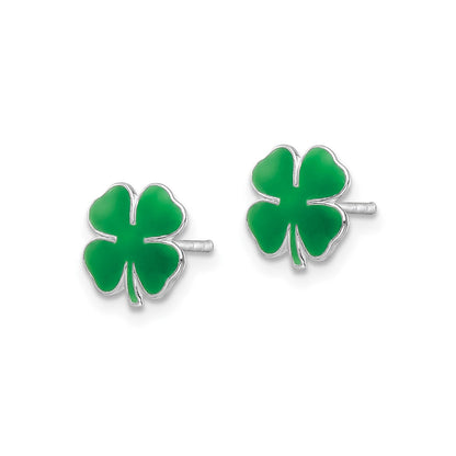 Children's Enamel Four Leaf Clover Earrings in Rhodium Plated Sterling Silver front view